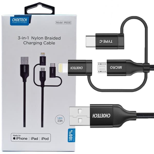 Choetech 3in1 USB MFI Lightning / USB Type C / mikro USB-kabel (3A-lading / 480 Mbps dataoverføring) 1,2 m svart (IP0030-BK)