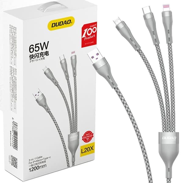 Dudao 3-i-1 kabel USB - Lightning / microUSB / USB Type C 65W 1,2m grå (L20X)