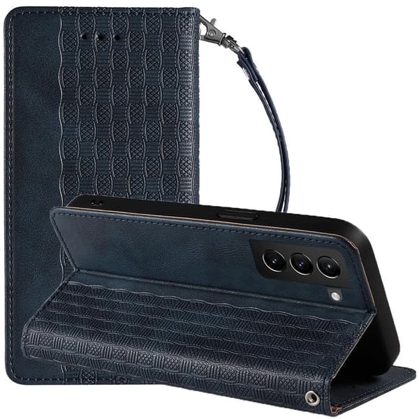 Magnetisk stroppdeksel for Samsung Galaxy S22+ (S22 Plus) lommebokbeskyttelse + anheng med minibånd i blått
