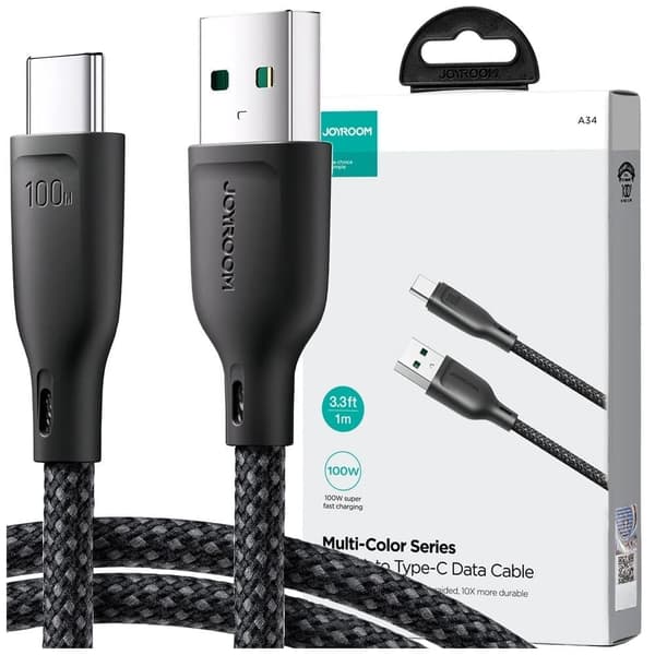Joyroom Multi-Color Series SA34-AC6 USB-A / USB-C-kabel 100W rask overføring 1m - svart