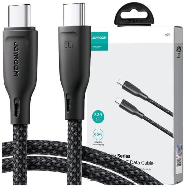 Joyroom Multi-Color Series SA34-CC3 USB-C / USB-C-kabel 60W rask overføring 1m - svart