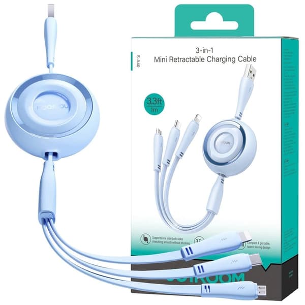 Joyroom S-A40 Colorful Series 3-i-1 uttrekkbar kabel USB-A-USB-C / Lightning / microUSB 1m - blå