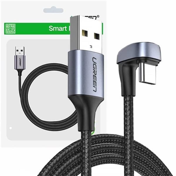 Grønn nylon vinklet kabel USB - USB Type C 1 m 3 A 18 W Quick Charge AFC FCP for gamere grå (70313)