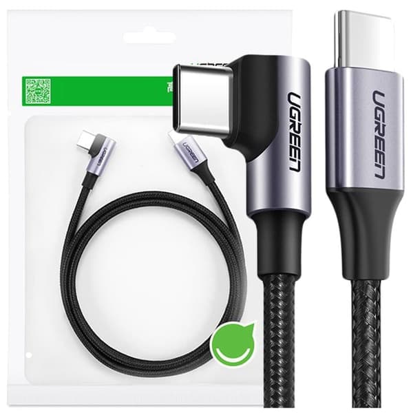Grønn vinklet kabel USB Type C - USB Type C Strømforsyning 60 W 20 V 3 A 2 m svart-grå (US255 50125)