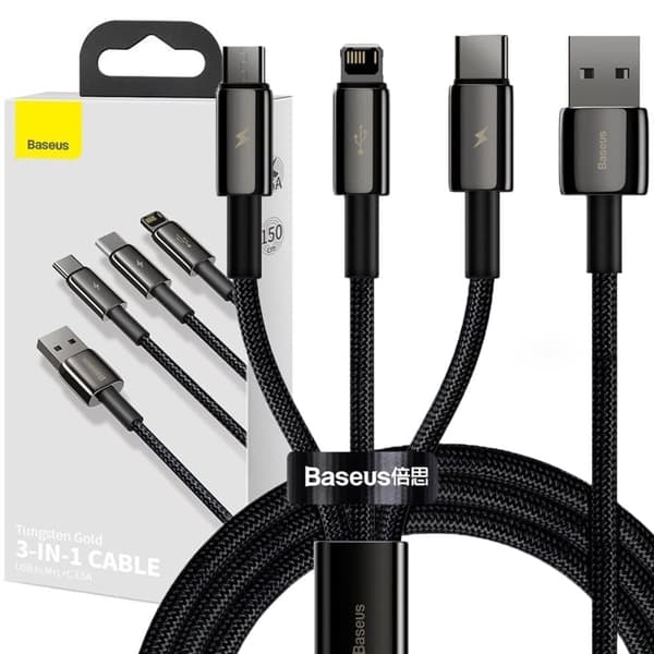 Baseus Tungsten 3-i-1 kabel USB - USB Type C / Lightning / micro USB 3,5 A 1,5 m svart (CAMLTWJ-01)