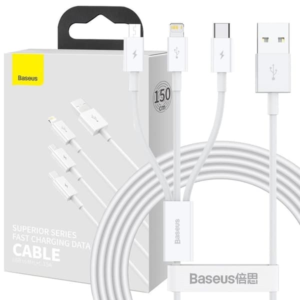 Baseus Superior 3-i-1 kabel USB - Lightning / USB Type C / micro USB 3,5 A 1,5 m hvit (CAMLTYS-02)