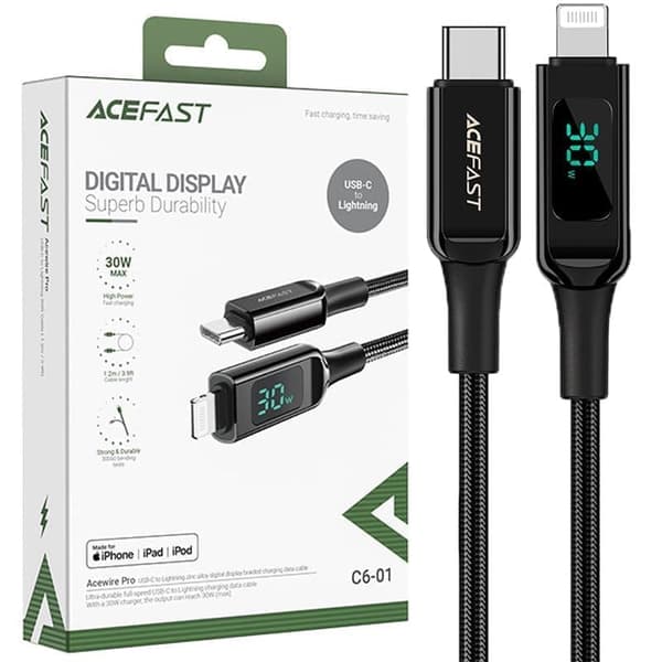 Acefast MFI-kabel USB Type C – Lightning 1,2m, 30W, 3A svart (C6-01 Black)