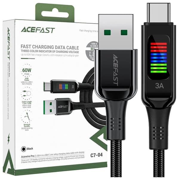 Acefast C7-04 USB-A USB-C 60W 1,2 m kabel med skjerm - svart