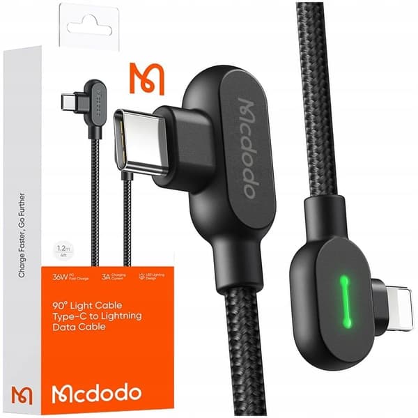 MCDODO 90° VINKEL KABEL USB-C DUBBELSIDIG LIGHTNING IPHONE 13 14 LED 2M