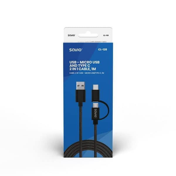 USB-kabel til Micro USB og USB C Savio CL-128 Sort 1 m