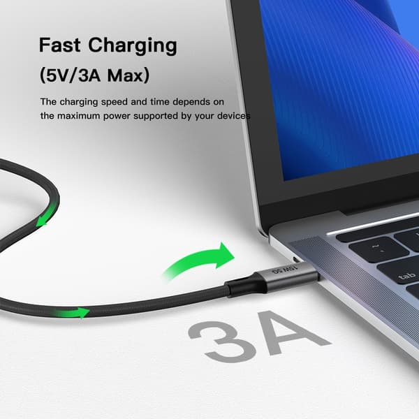 NÖRDIC 5m USB3.2 Gen1 USB-C till A nylonflätad kabel snabbladdning 3A 5Gbps 60W grå