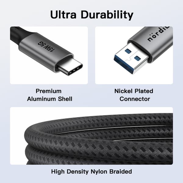 NÖRDIC 5m USB3.2 Gen1 USB-C till A nylonflätad kabel snabbladdning 3A 5Gbps 60W grå