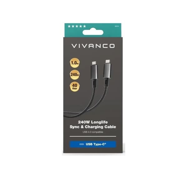 Vivanco-kaapeli USB-C - USB-C 4.0 LongLife Charging 240W 1m (64014)