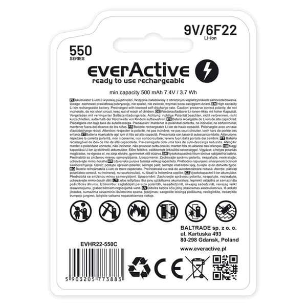 Genopladelige batterier EverActive EVHR22-550C 9 V