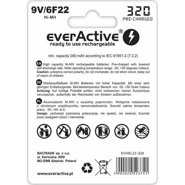 Genopladelige batterier EverActive EVHRL22 320 mAh 9 V