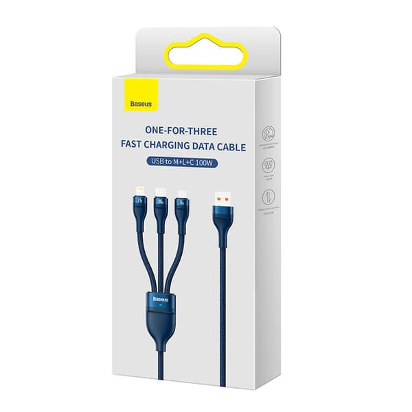 3-i-1 USB-kabel Baseus Flash Series, USB-C + micro USB + Lightning, 100W, 1,2m (blå)
