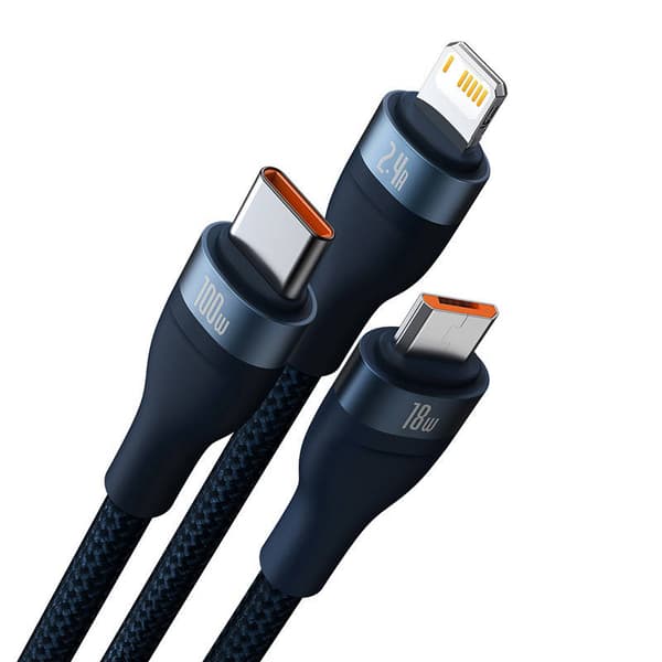3-i-1 USB-kabel Baseus Flash Series, USB-C + micro USB + Lightning, 100W, 1,2m (blå)