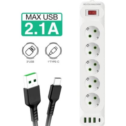Extension flex, F25U 2m pagarinātājs ar 3 Ligzdām + 3 USB + 1 USB-C, Riff