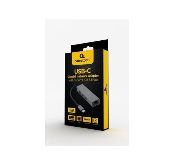 I/o-adapter usb-c til lan rj45/usb-hub a-cmu3-lan-01, Gembird