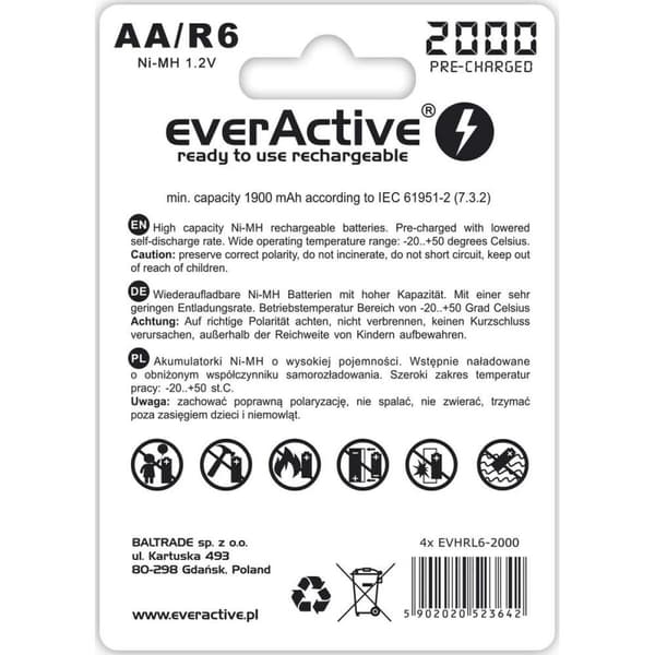 Genopladelige batterier EverActive EVHRL6-2000 AA LR6 1,2 V 3.7 V