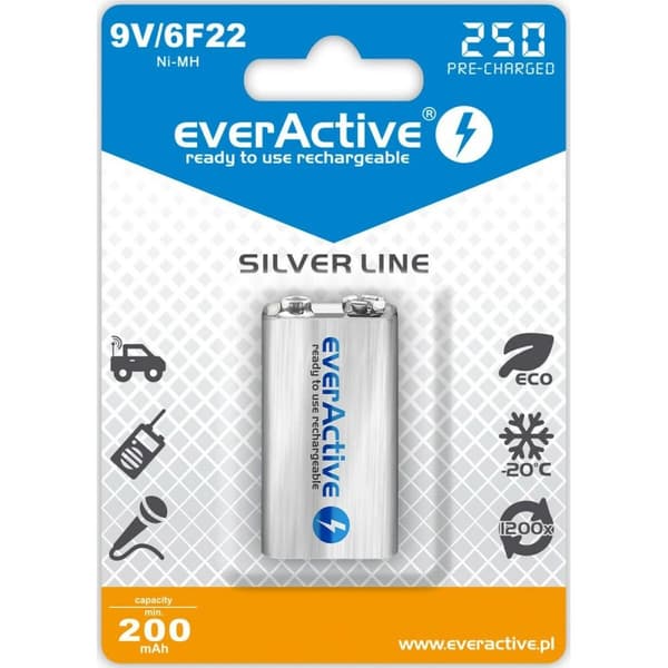 Genopladelige batterier EverActive EVHRL22-250 6F22 200 mAh 9 V
