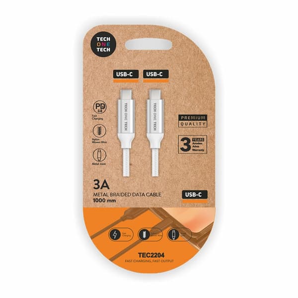 USB-C til USB-C-kabel Tech One Tech TEC2204 1 m Hvid