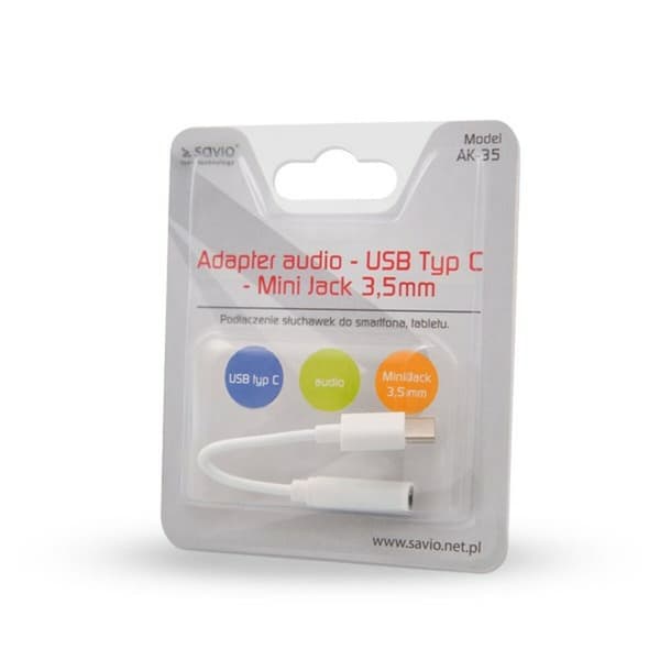 USB C - Jack 3.5 mm-adapteri Savio AK-35 Valkoinen 0,12 m