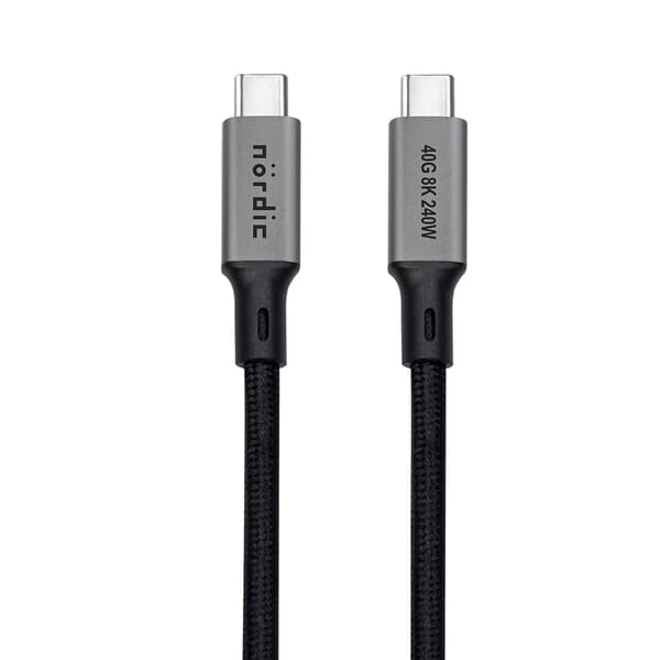 NÖRDIC 3m USB4 USB-C til C nylonflettet kabel PD3.1 240W 40G 8K60Hz 4K144Hz grå