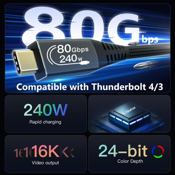 NÖRDIC 1m Thunderbolt 5 kaapeli 80Gbps tietojen siirto 240W lataus 120Gbps kaistanleveys 16K60Hz 8K60Hz 4K540Hz