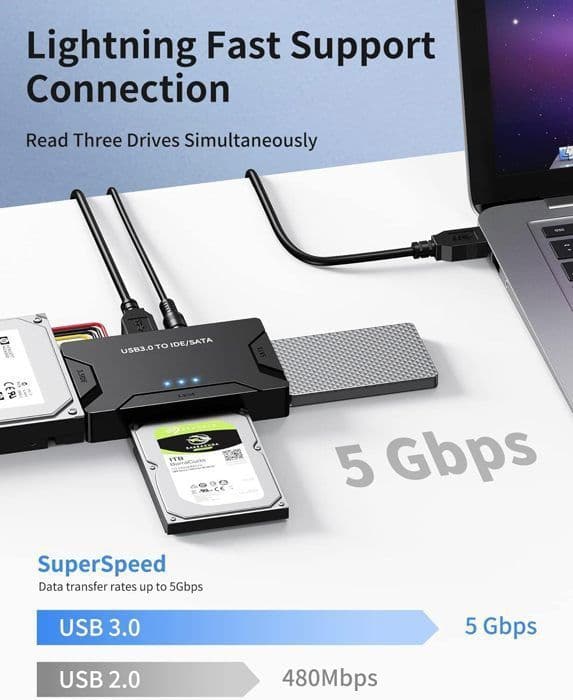 USB 3.0 till intern hårddiskadapter för 2,5"/3,5" SATA HDD/SSD och IDE-hårddiskar med extern strömförsörjning och USB 3.0-kabel