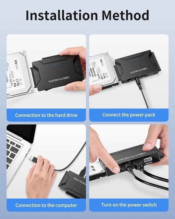 USB 3.0 till intern hårddiskadapter för 2,5"/3,5" SATA HDD/SSD och IDE-hårddiskar med extern strömförsörjning och USB 3.0-kabel