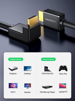 Tilbehør til tilslutning, HD103-kabel HDMI til HDMI-vinkel, 4K, 2m Sort, Ugrøn