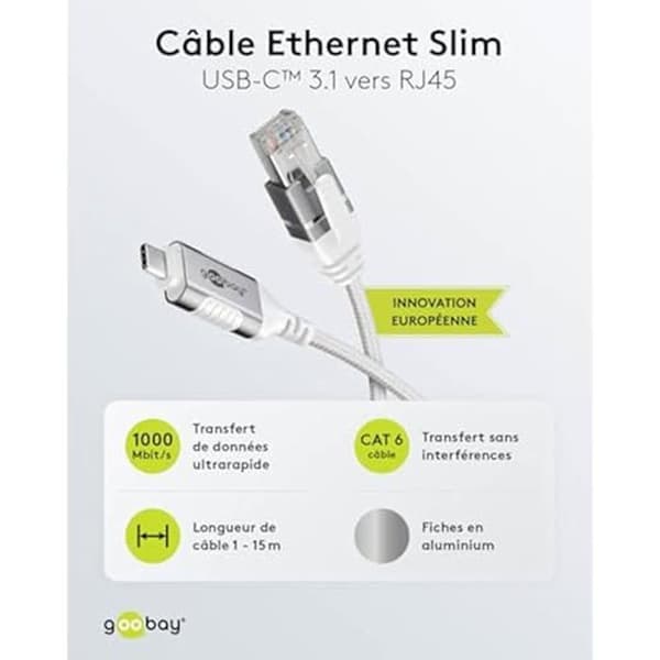USB-C till RJ45-adapterkabel - GOOBAY - CAT 6 - 1 Gbit/s - Tunn design - Kompatibel med Windows/macOS/Android