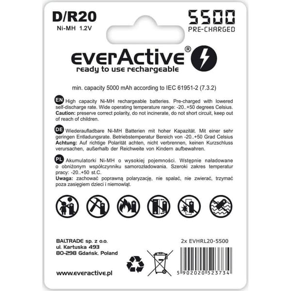 Genopladeligt batteri EverActive EVHRL20-5500 5000 mAh 1,2 V (2 enheder)