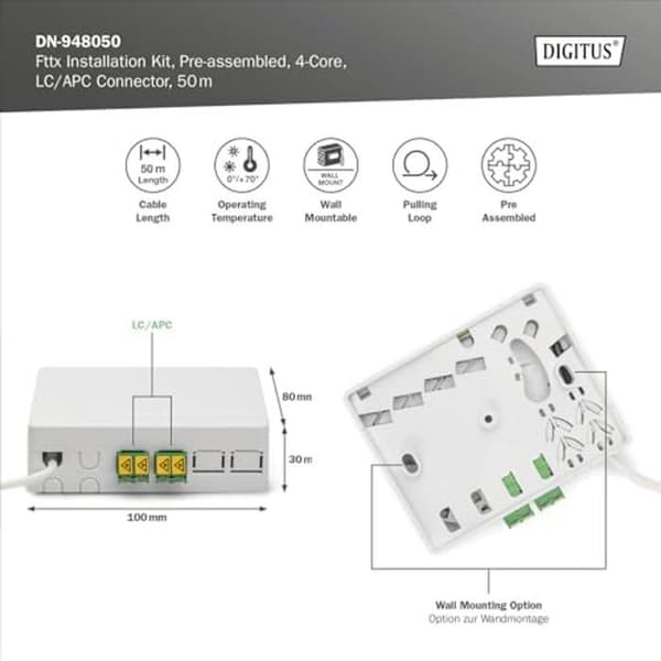 Prise för FTTH-anslutning - DIGITUS - LC-APC Duplex - 4 fibrer - Föransluten - 50m längd