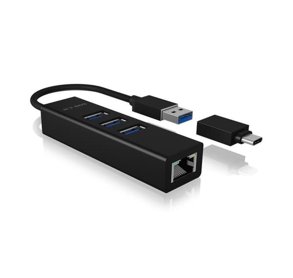 Raidsonic, 4 Port Hub med USB 3.0 Typ-A, Type-C, Gigabit LAN, Icy Box IB-HUB1419-LAN