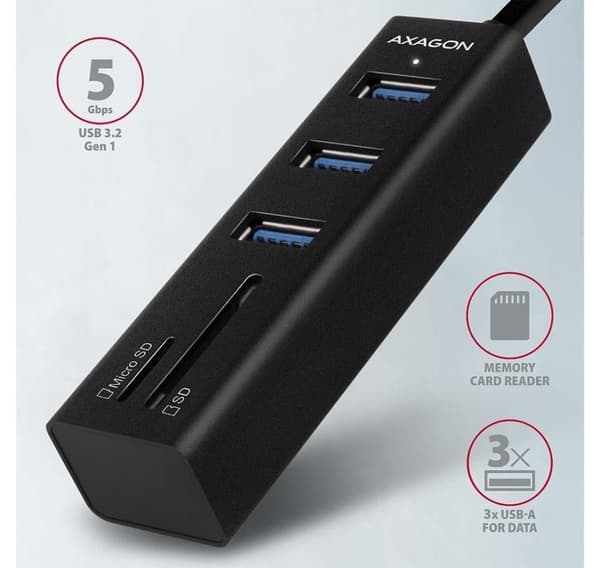 AXAGON, SuperSpeed ​​USB-A Hub och kortläsare, HMA-CR3A