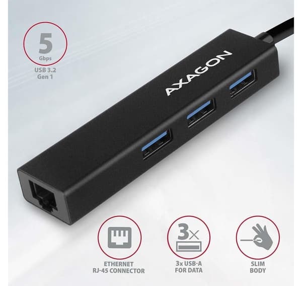 AXAGON, SuperSpeed USB-A Hub och Gigabit LAN, HMA-GL3A