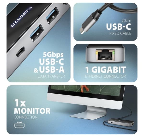 AXAGON, USB-C 5 Gbps GLASS 6in1 Hub, HMC-6GLN