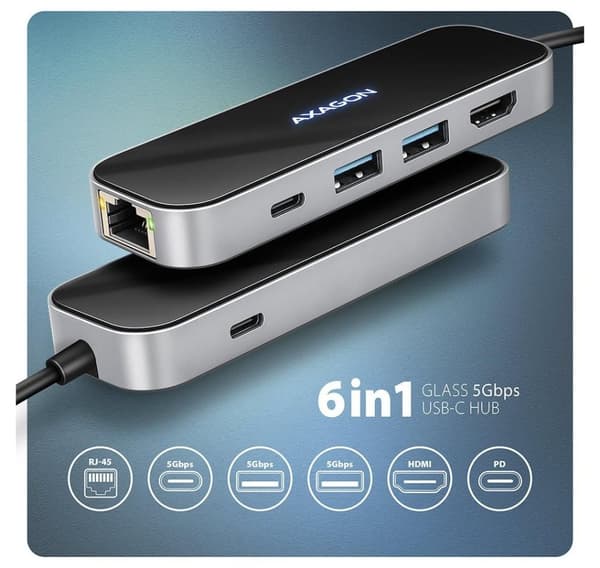AXAGON, USB-C 5 Gbps GLASS 6in1 Hub, HMC-6GLN