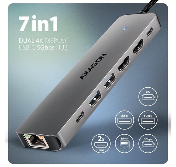 AXAGON, USB-C 5 Gbps DUAL 4K DISPLAY 7in1 Hub, HMC-7HX2