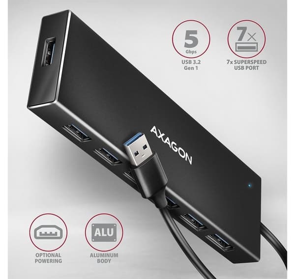 AXAGON, SuperSpeed USB-A FLAT Hub, HUE-F7A