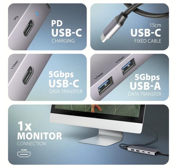 AXAGON, USB-C 5 Gbps 5in1 Hub, HMC-5H60