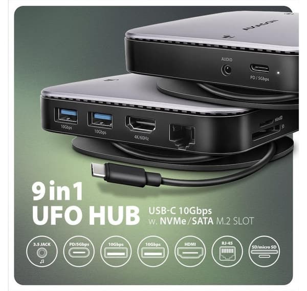 AXAGON, USB-C 10Gbps UFO 9in1 Hub, HMC-UFO