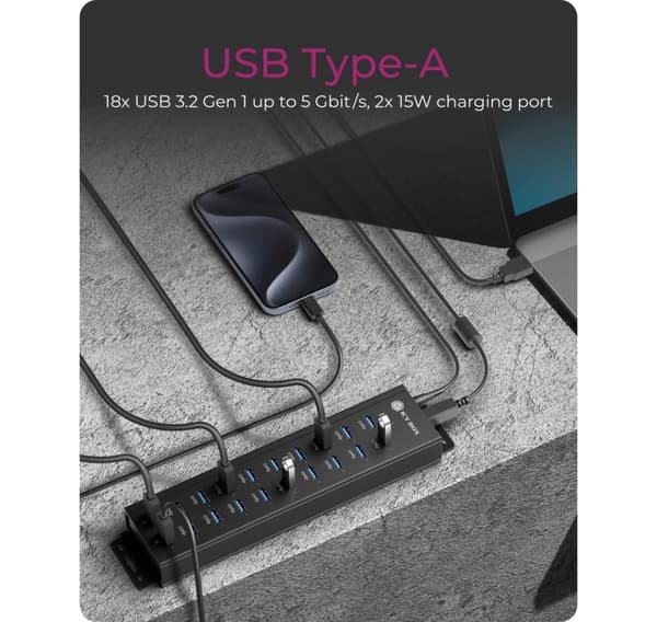 Raidsonic, 20-i-1 USB HUB med strömförsörjning, på/av-knapp och monteringsfästen, IB-HUB1720-U3
