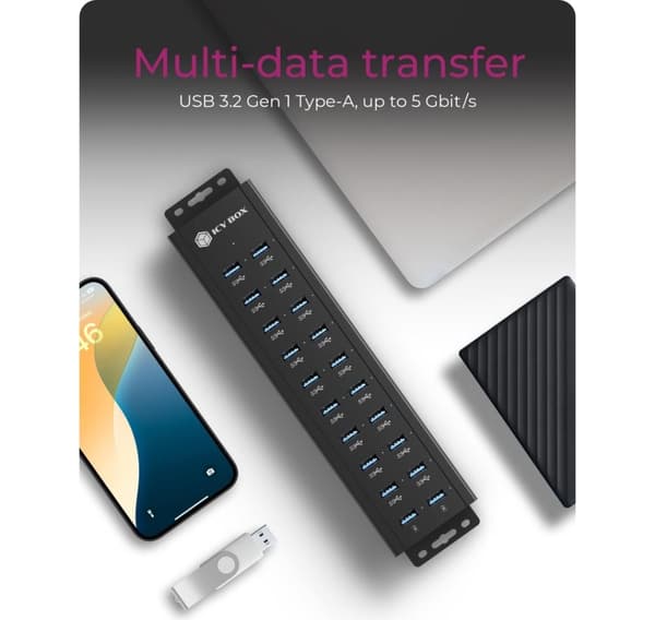 Raidsonic, 20-i-1 USB HUB med strömförsörjning, på/av-knapp och monteringsfästen, IB-HUB1720-U3