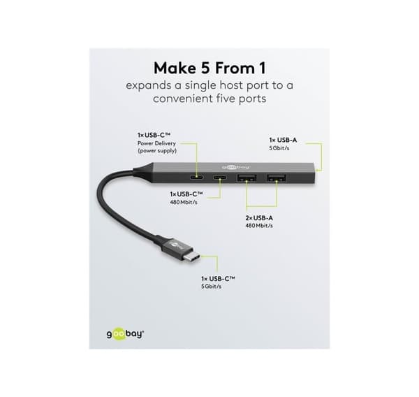 Goobay, Slim 5-Port USB Hub, USB-C till USB-C/USB-A, 5 Gbit/s, 74460
