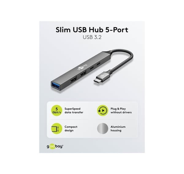 Goobay, Slim 5-Port USB Hub, USB-C till USB-C/USB-A, 5 Gbit/s, 74460