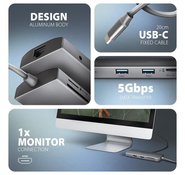 AXAGON, Multiport USB-C 5Gbps nav, HMC-8HLSA