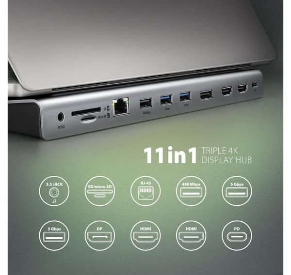 AXAGON, USB-C 5 Gbps TRIPLE 4K DISPLAY 11in1 Hub, HMC-4KX3